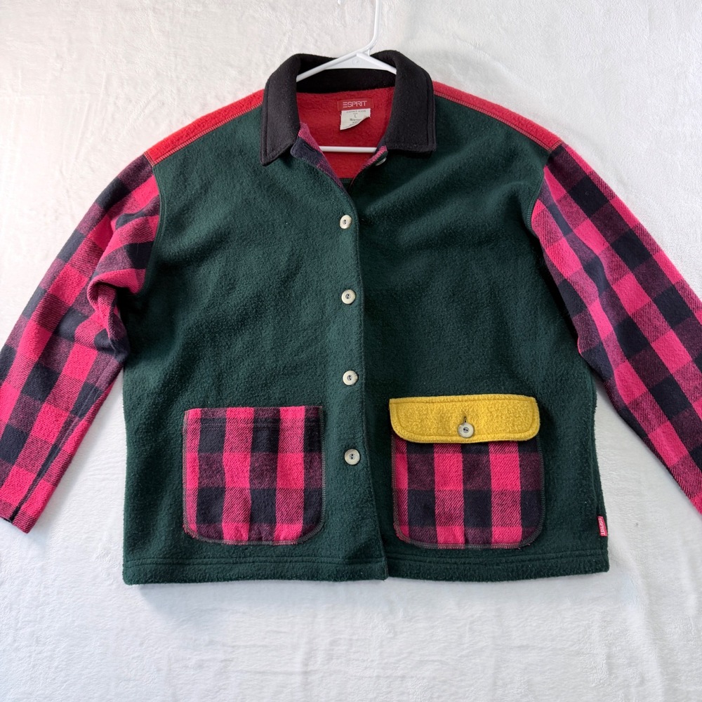 Vintage Esprit Kids Fleece Jacket L Colorblock Plaid‎ 90s Y2K Retro Button Front